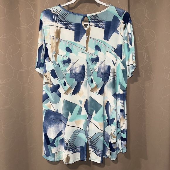 N Touch Womens Abstract Geometric Print Short Sleeve Blouse Blue Teal Size Large - Picture 3 of 3